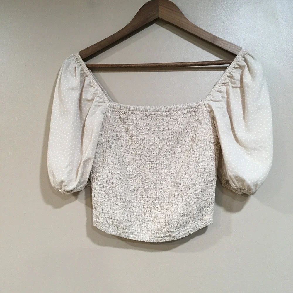 Abercrombie & Fitch Polka Dot Puff Sleeve Top Womens S Peasant Milkmaid Cottage